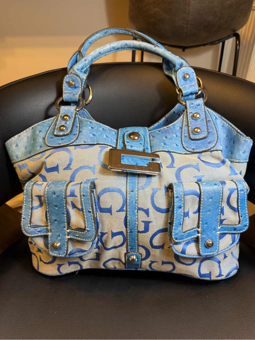 Vintage GUESS Y2K Blue Monogram Ostrich Embossed Satchel Handbag Purse 17”x12”